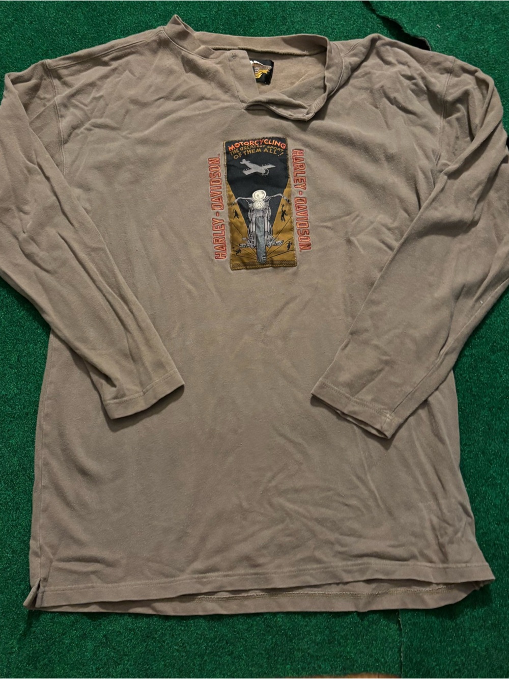 Harley-Davidson Taupe Long Sleeve Shirt with Vintage Motorcycle Graphic